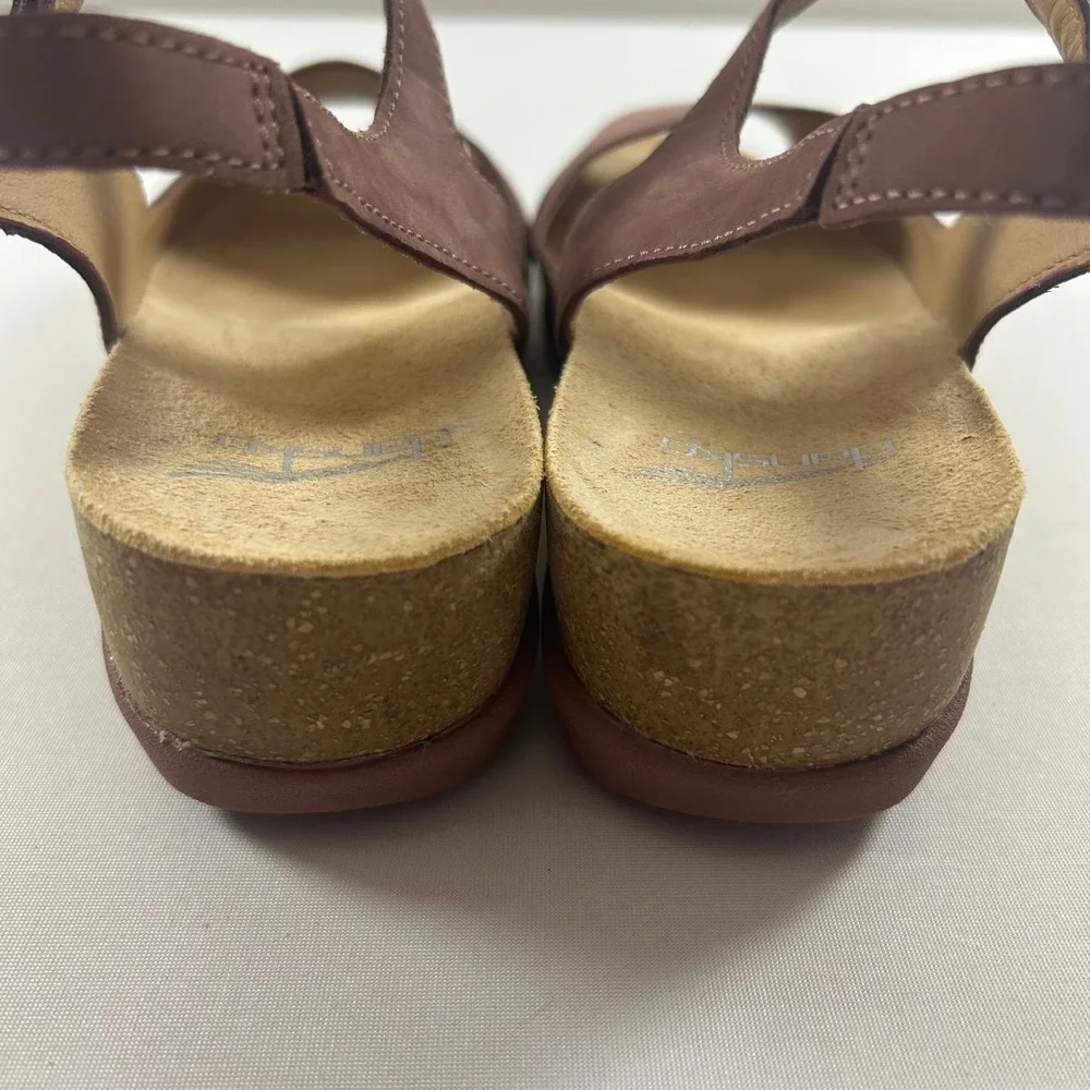 Dansko Marcy Sandals Womens 38 / 7.5-8 Rose Nubuck Leather Peep Toe Cork Heel